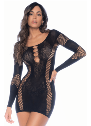 Robe manches longues en résille noire - MAL1117BLK